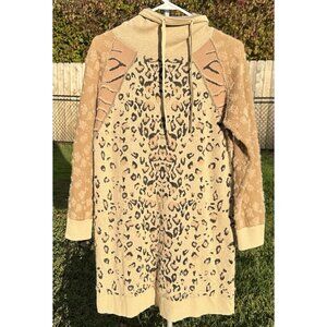 TRIBAL Animal Print Sweater Tunic Dress Women’s M Beige Eyelash Knit Funnel Neck